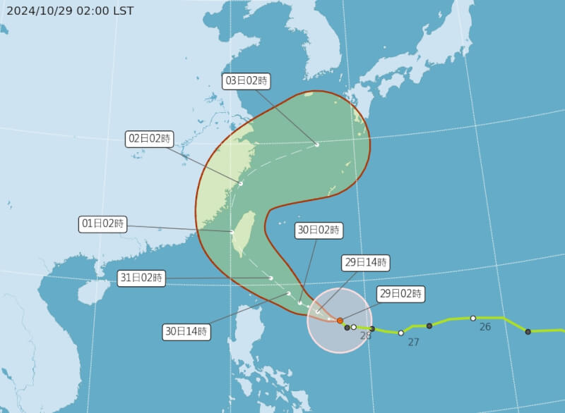 颱風康芮29日凌晨2時增強為中颱，持續向西北西進行。（圖取自氣象署網頁cwa.gov.tw）