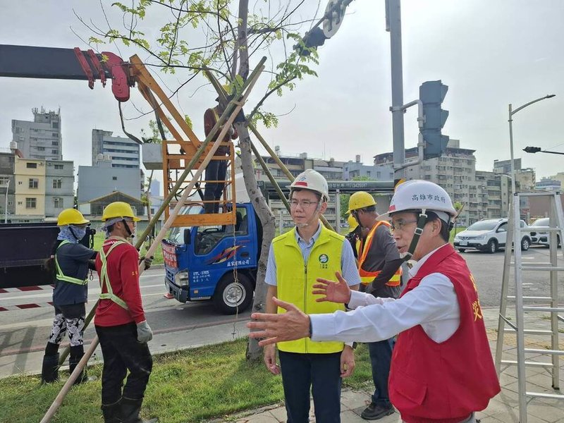 颱風康芮來勢洶洶，高雄市政府陸續動員人力、機具，對樹木加強疏枝修剪及支架固定等防颱措施。高雄市副市長林欽榮（右）視察作業情形。（高雄市工務局提供）中央社記者蔡孟妤傳真  113年10月30日