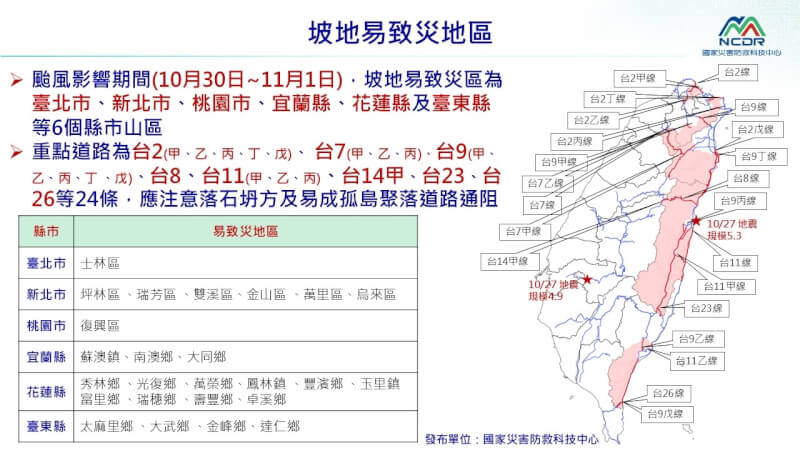 中央災害應變中心30日表示，坡地易致災區為雙北、桃園市、宜蘭縣、花蓮縣及台東縣等6縣市山區。（圖取自國家災害防救科技中心LINE網頁）