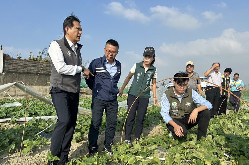 颱風康芮造成台南市北門區、將軍區一帶種植的洋香瓜受損，民進黨立委林俊憲（左1）4日與相關單位人員前往現勘，發現強風造成棚架破損，其中隧道型種植洋香瓜田受損更嚴重。（林俊憲服務處提供）中央社記者楊思瑞台南傳真  113年11月4日