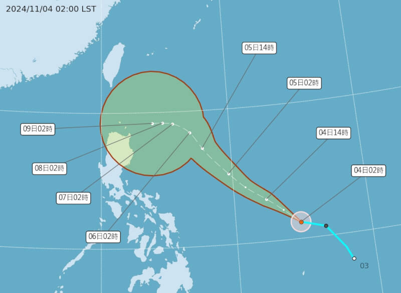 位於菲律賓東方海面的熱帶性低氣壓4日凌晨2時增強為颱風銀杏。（圖取自氣象署網頁cwa.gov.tw）