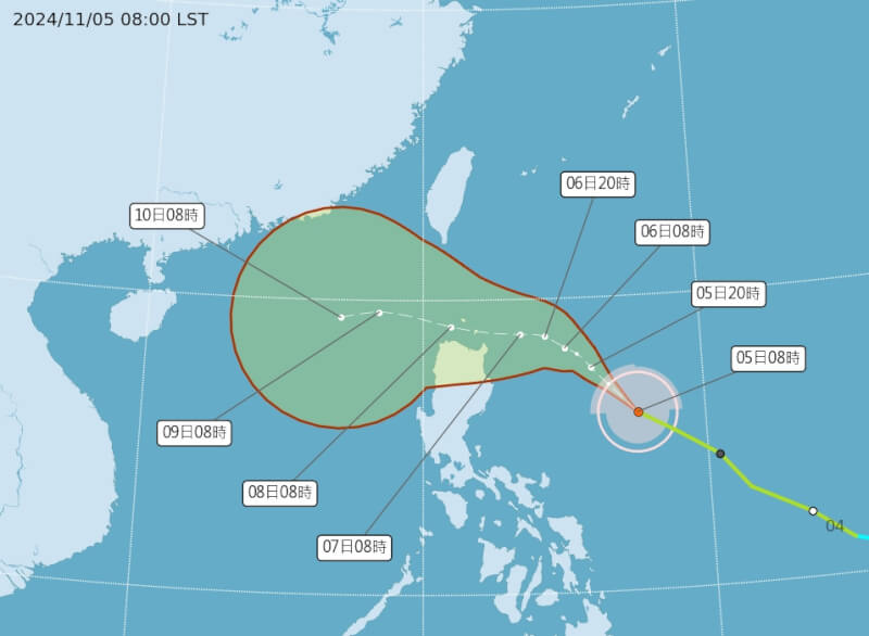 5日上午8時颱風銀杏增強為中颱。（圖取自中央氣象署網頁cwa.gov.tw）