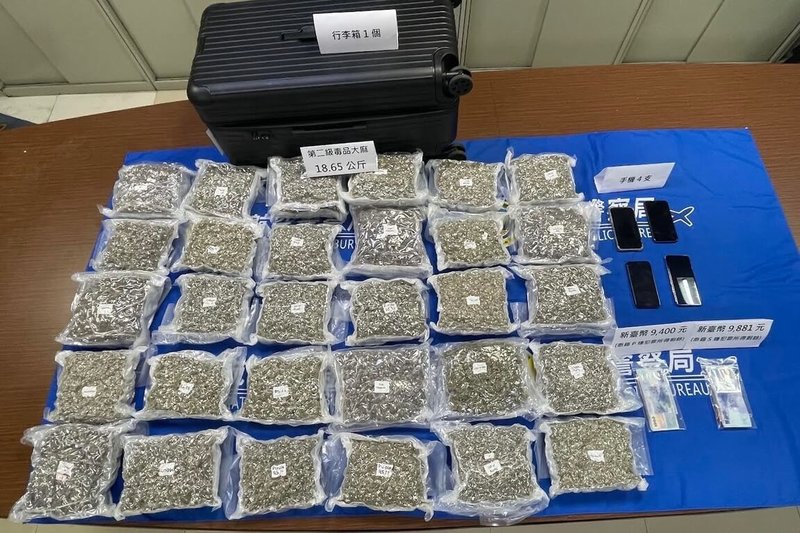 航警局與關務署台北關8月30日在桃機第一航廈作業時，鎖定1可疑行李箱及持有旅客，沒想到運毒旅客疑與販毒集團溝通不良，竟未領取行李即出關，警方立即兵分2路，除追蹤2名旅客，也在行李中起出第二級毒品大麻18.65公斤。（航空警察局提供）中央社記者吳睿騏桃園機場傳真  113年11月6日