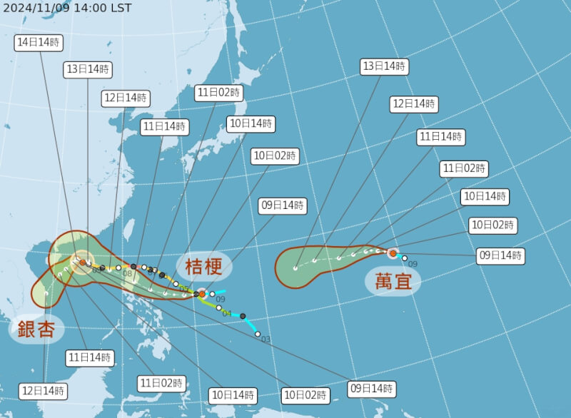 颱風桔梗、萬宜在9日下午2時生成。（圖取自中央氣象署網頁cwa.gov.tw）