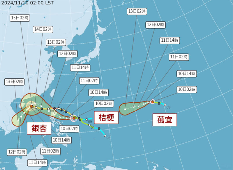 颱風桔梗、萬宜在9日下午生成，加上先前的颱風銀杏，目前台灣附近海面3颱共舞。（圖取自中央氣象署網頁cwa.gov.tw）