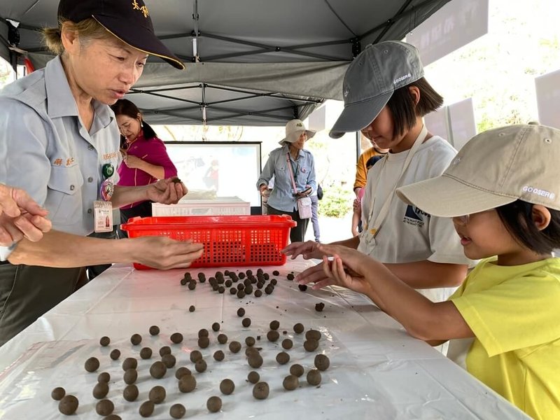 太魯閣國家公園管理處召集志工在峽谷音樂節設攤，邀請民眾參與製作台灣原生種先驅植物種子球，許多父母帶著孩子一起製作，並拋撒在震災崩塌地。（太魯閣國家公園管理處提供）中央社記者李先鳳傳真  113年11月11日