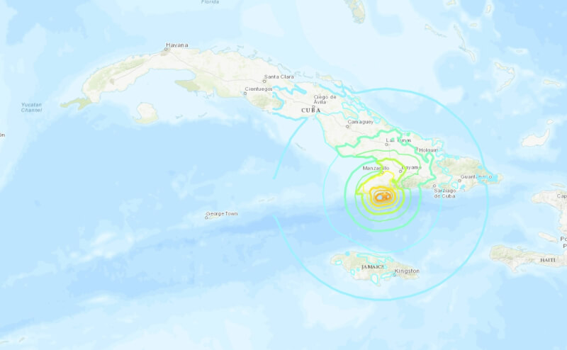 美國地質調查所指出，古巴外海11日發生規模6.8地震。（圖取自美國地質調查所網頁usgs.gov/）