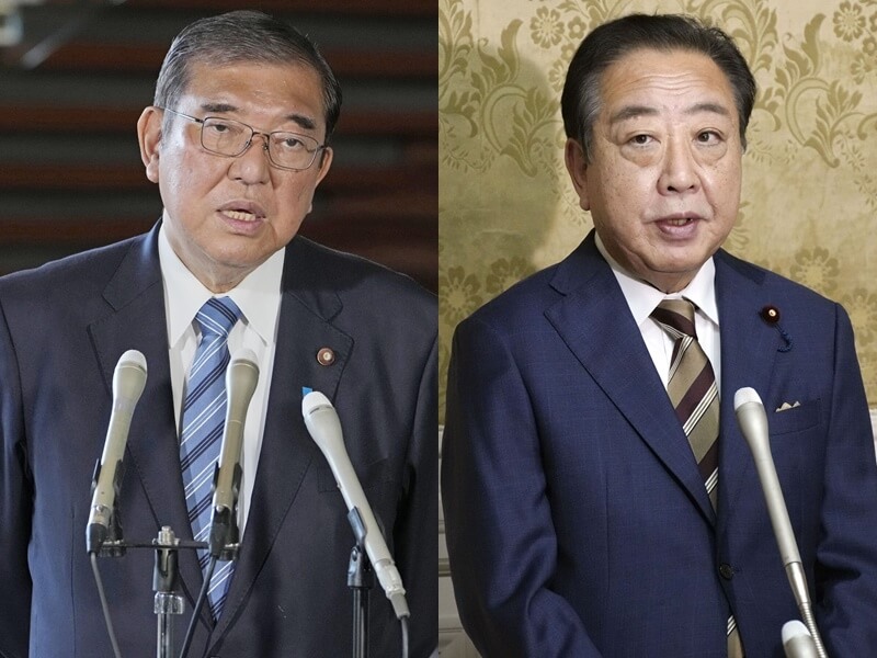 日本11日舉行首相指名選舉，自民黨總裁石破茂（左）、立憲民主黨代表野田佳彥（右）將進入決選。（共同社）