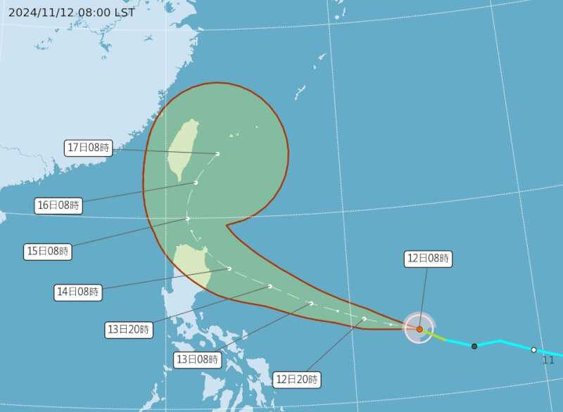 颱風天兔預估15日、16日距台灣最近。（圖取自氣象署網頁cwa.gov.tw）