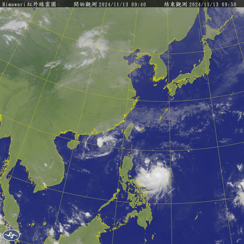 氣象署表示，今年生成15個，近台颱風2個都高於平均值。圖為11月13日紅外線雲圖，太平洋海面上存在颱風桔梗與颱風天兔。（圖取自中央氣象署網頁cwa.gov.tw）