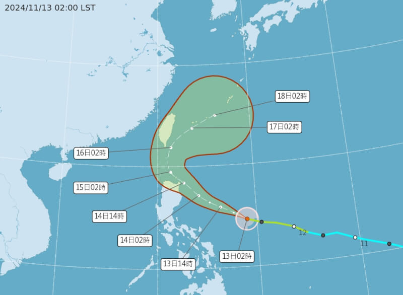 中央氣象署預測14日上午對颱風天兔發布海上颱風警報。（圖取自中央氣象署網頁cwa.gov.tw）