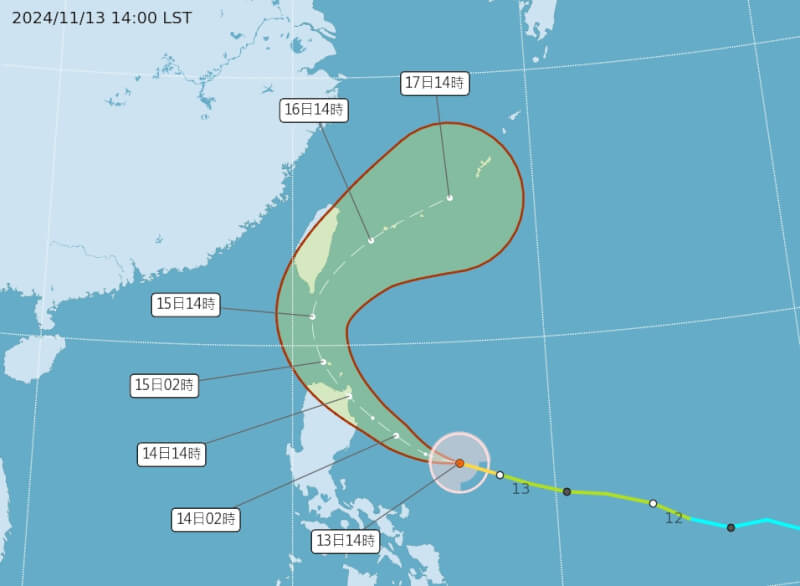 圖為颱風天兔預測路徑。（圖取自中央氣象署網頁cwa.gov.tw）