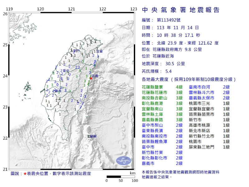 花蓮縣近海14日上午10時38分發生芮氏規模5.4地震。（圖取自中央氣象署網頁cwa.gov.tw）