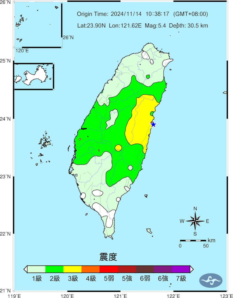 花蓮近海14日上午發生規模5.4地震。（圖取自facebook.com/cwa.seismology）