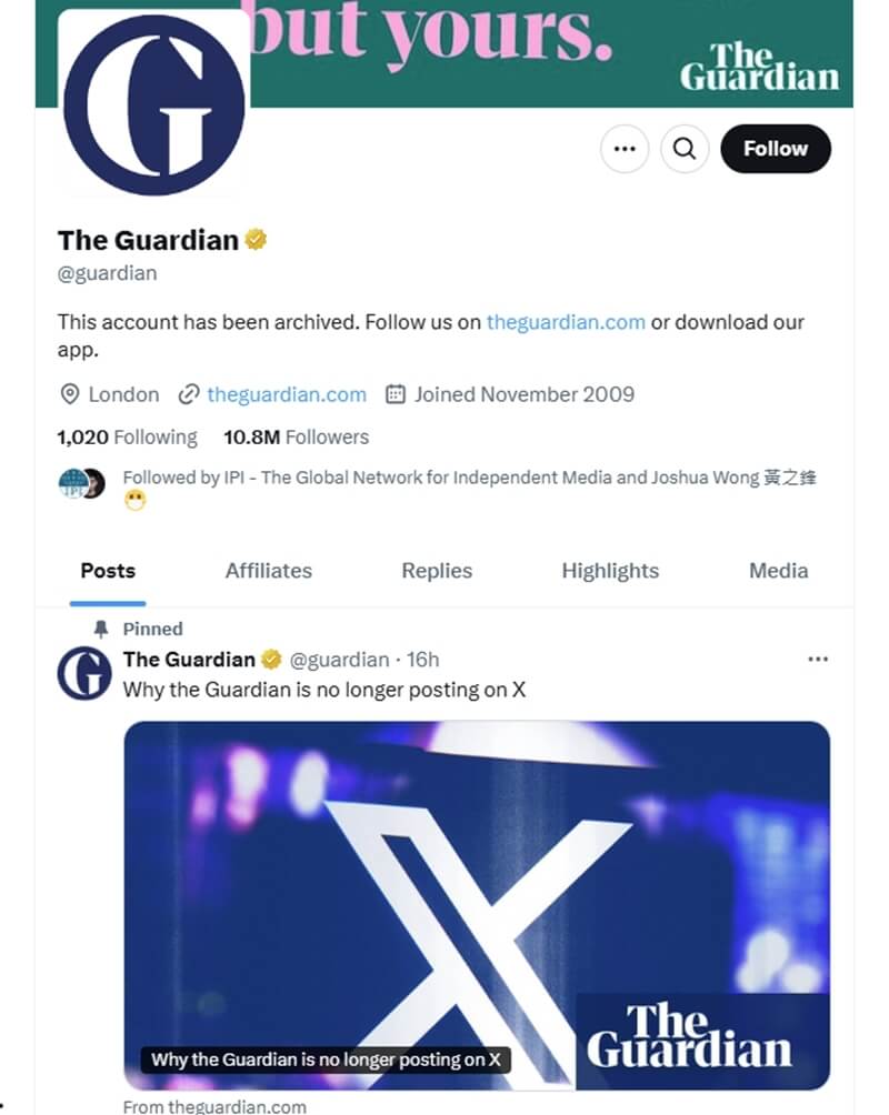 英國新聞出版商「衛報」14日表示，將不再在社群媒體X發文。（圖取自x.com/guardian）
