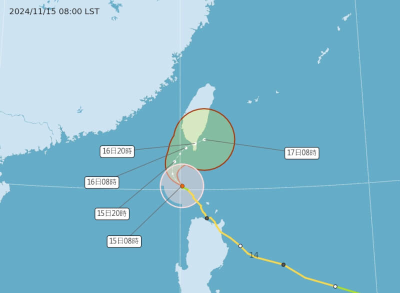 氣象署15日指出颱風天兔持續朝台灣西南方近海移動。（圖取自中央氣象署網頁cwa.gov.tw/）