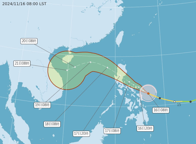 颱風萬宜16日上午已增強為強烈颱風。（圖取自中央氣象署網頁cwa.gov.tw）