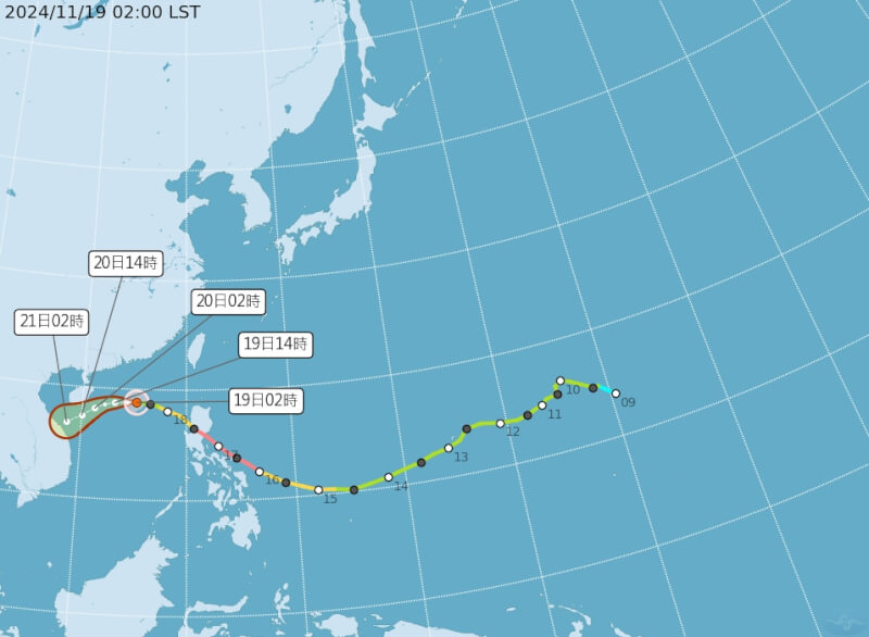 颱風萬宜路徑潛勢預報。(圖取自中央氣象署網頁cwa.gov.tw)
