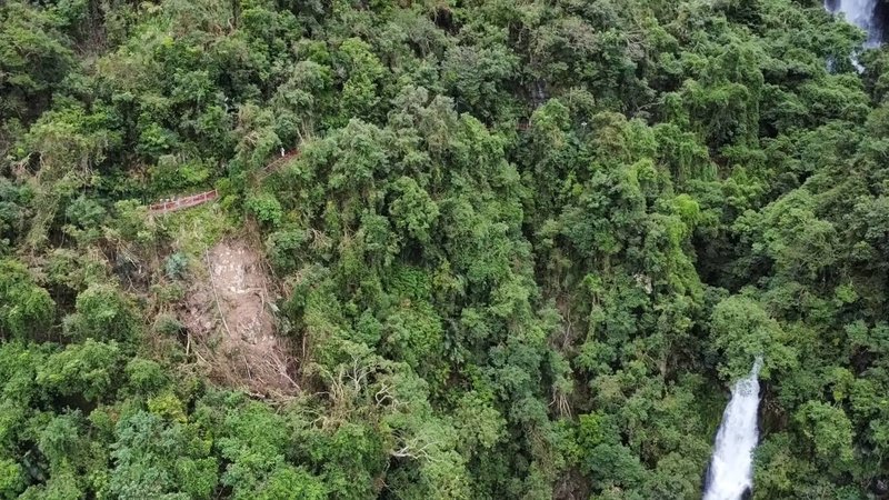 宜蘭縣五峰旗風景區登山步道受先前颱風影響、受損嚴重，部分山壁崩塌。由於難在短時間內完全修復，縣府22日公告，風景區登山步道預計封閉至民國114年9月30日。（宜蘭縣政府提供）中央社記者王朝鈺傳真  113年11月22日