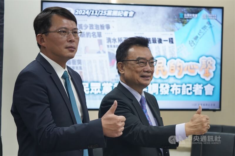 台灣民眾黨立法院黨團25日舉辦「聽人民的心聲-台灣民眾黨委託民調發布記者會」,總召黃國昌(左)與立委林國成(右)在會前比讚合影。中央社記者徐肇昌攝 113年11月25日