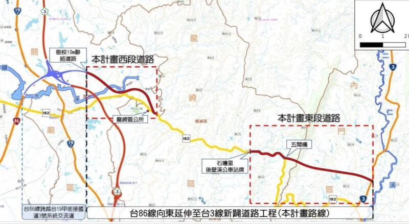 台南市工務局29日指出，台86線快速道路東延至高雄市內門區再銜接台3線內埔段綜合規劃及環評預定2025年6月前送環境部審查，待環評通過後，將可核定綜合規劃建設計畫，預定6年完工，盼活絡台南和高雄生活圈。圖為道路工程路線示意圖。（台南市政府提供）中央社記者張榮祥台南傳真 113年11月29日