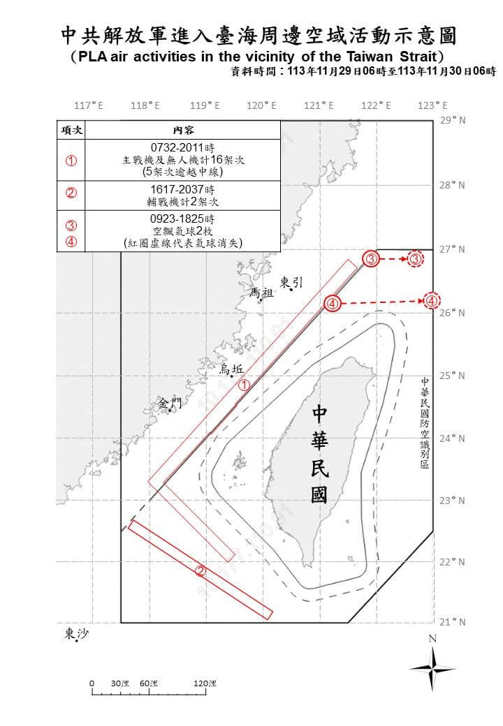 總統賴清德30日下午將啟程出訪南太平洋友邦，國防部表示，自29日上午6時至30日上午6時，偵獲共機18架次。（圖取自中華民國國防部網頁mnd.gov.tw）