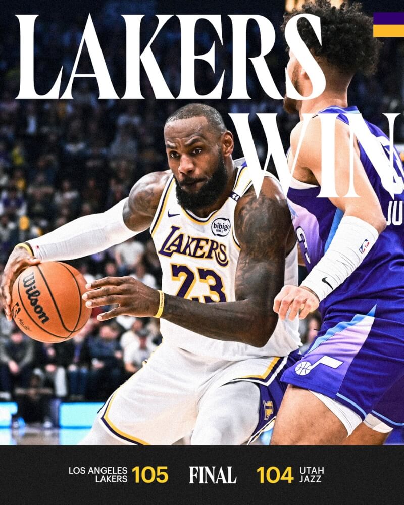 NBA爵士2日在主場迎戰湖人，終場爵士以104比105落敗。（圖取自x.com/Lakers）