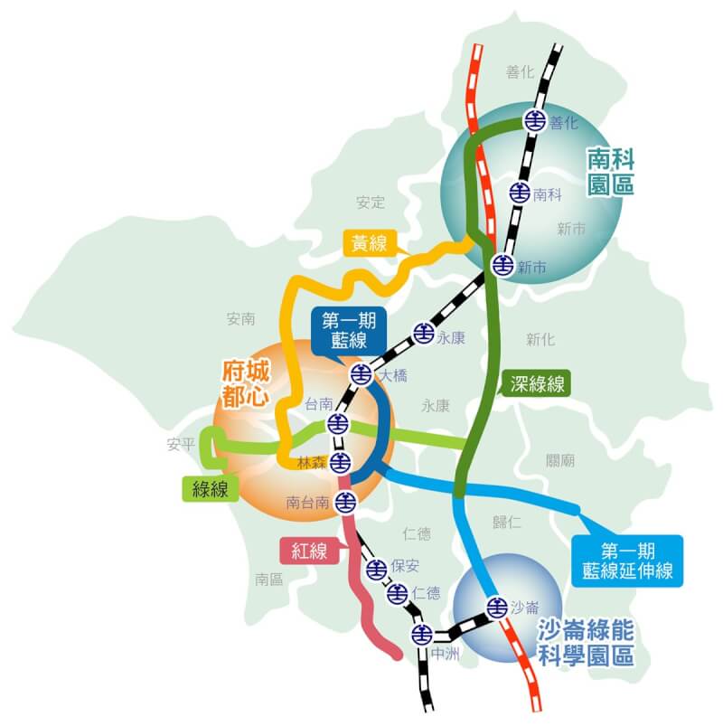 台南捷運綠線規劃穿越舊城區，市府交通局指出，目前進行可行性研究修正作業，除評估全線高架方案，也評估部分地下化可能性。圖為台南捷運優先路網路線示意圖。（台南市政府提供）中央社記者張榮祥台南傳真 113年12月6日