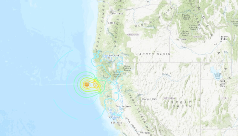 北加州近海5日早上發生規模7.0地震，震央位於圖中星號處。（圖取自美國地質調查所網頁earthquake.usgs.gov）