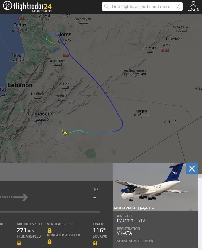 敘利亞航空一架班機8日從大馬士革機場起飛，中途突然掉頭朝反方向飛行，數分鐘後從雷達上消失。（圖取自Flightradar網頁flightradar24.com）