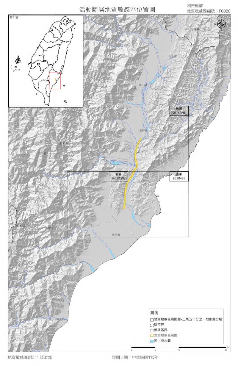 經濟部地礦中心今天公告3案活動斷層地質敏感區，圖為位於台東的地質敏感區位置圖。（圖取自經濟部網頁moea.gov.tw）