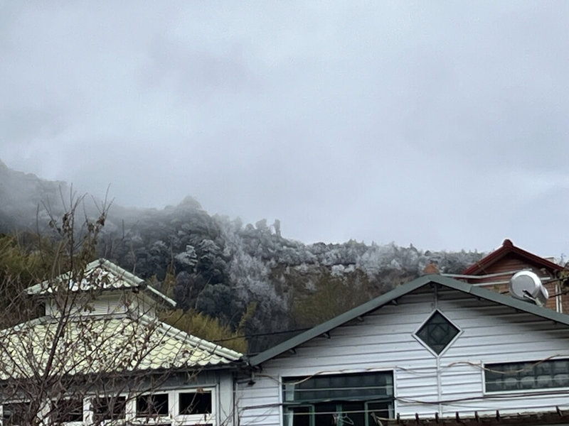 冷氣團發威，新竹縣尖石鄉新光國小一帶19日降雪，山頭被白雪覆蓋，宛如銀色世界。（新光國小提供）中央社記者郭宣彣傳真  113年12月19日