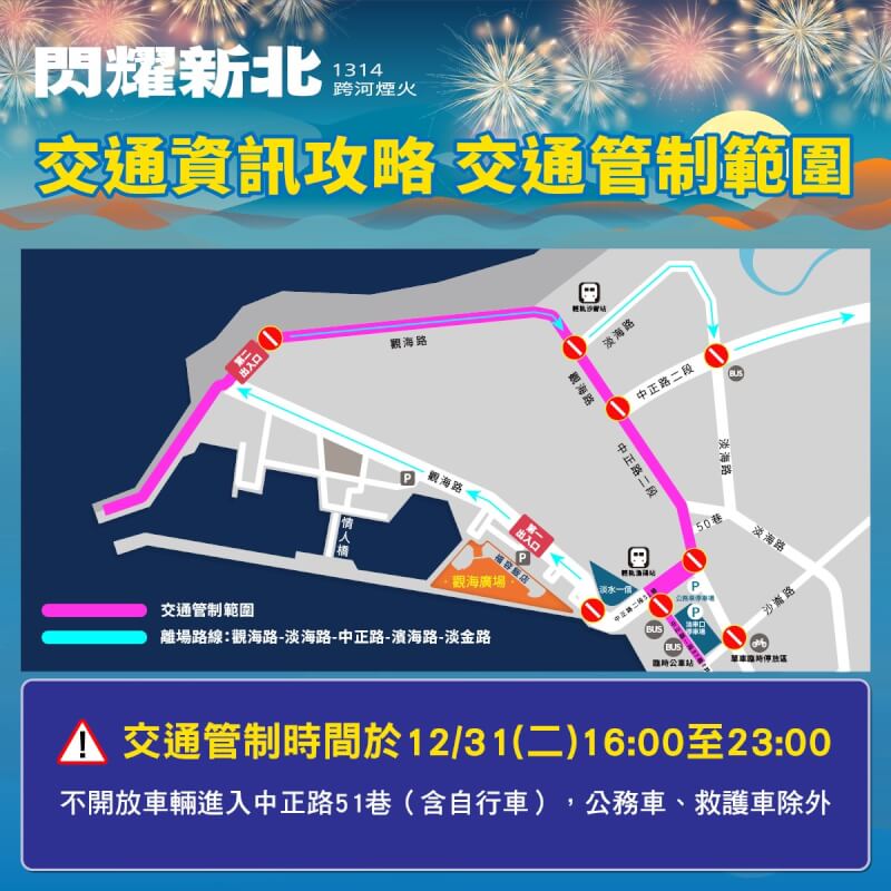 新北市「閃耀新北1314跨河煙火」31日在淡水漁人碼頭與八里左岸登場，淡水及八里周邊當天下午4時到晚間11時將實施交通管制。（新北市文化局提供）中央社記者趙敏雅傳真 113年12月23日