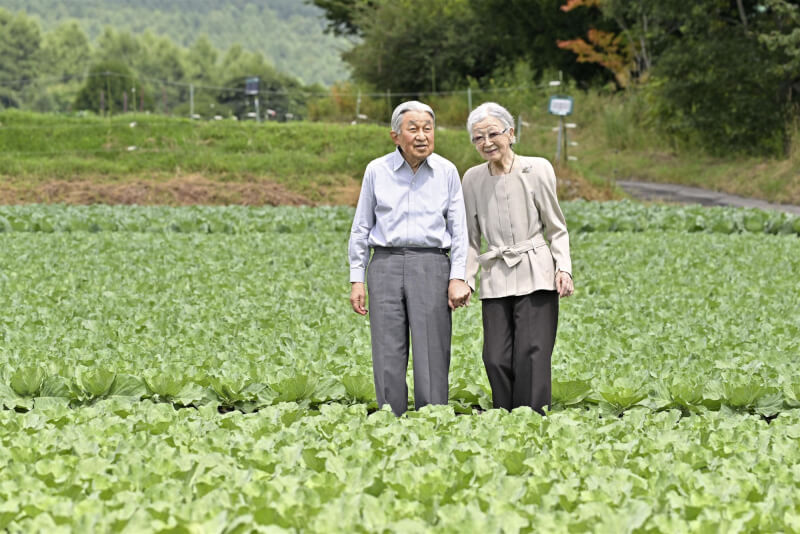 日本上皇明仁（左）今年8月和上皇后美智子在菜園裡散步。（共同社）