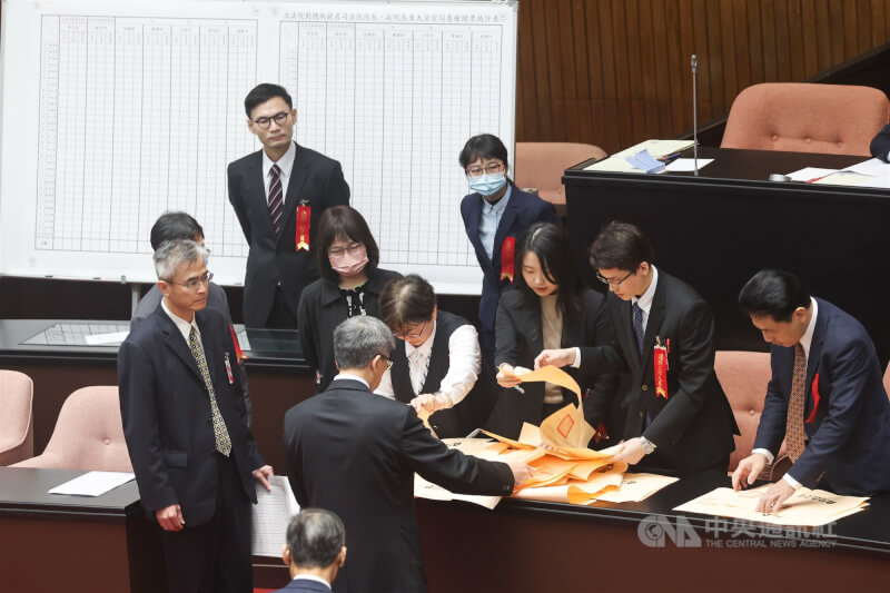 立法院會24日進行司法院大法官人事同意權案投票，7位被提名人全遭否決。圖為議事人員進行計票作業。中央社記者吳家昇攝　113年12月24日