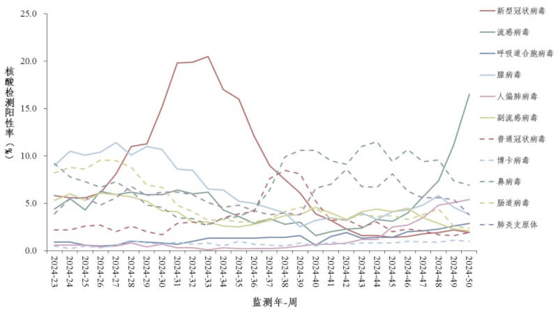 人類間質肺炎病毒（粉色線段）在中國近幾週核酸檢測陽性比率呈波動上升趨勢。（圖取自中國疾控中心網頁chinacdc.cn）