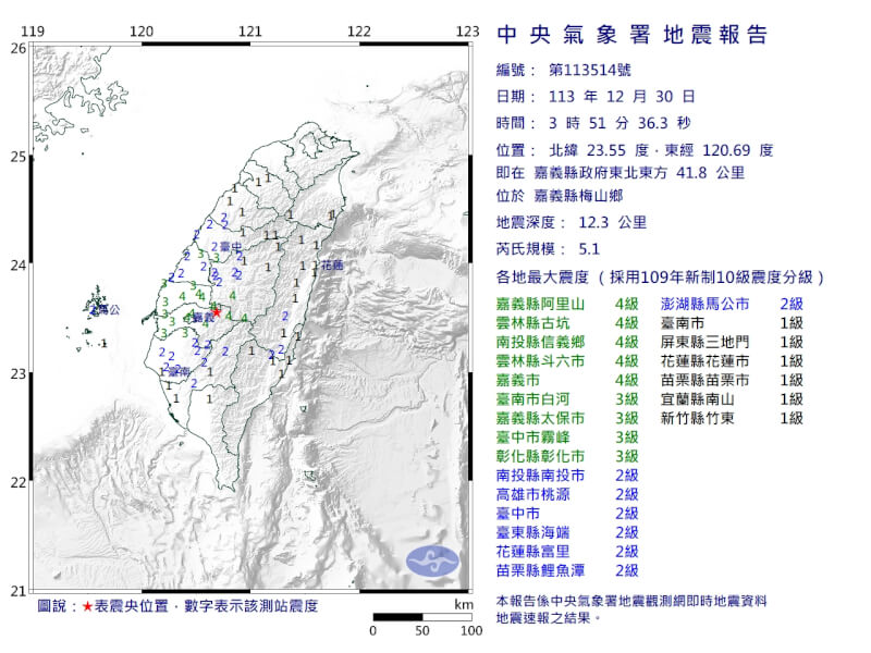 嘉義梅山30日3時51分發生規模5.1地震。（圖取自氣象署網頁cwa.gov.tw）