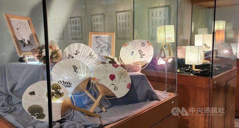 國立澎湖科技大學「碎片與連結-重構人文藝術新價值」成果展31日登場,學生以澎湖常見的銀合歡、海藻等植物製成「澎湖紙」,製作出具在地特色的扇子與燈罩等作品。中央社 113年12月31日