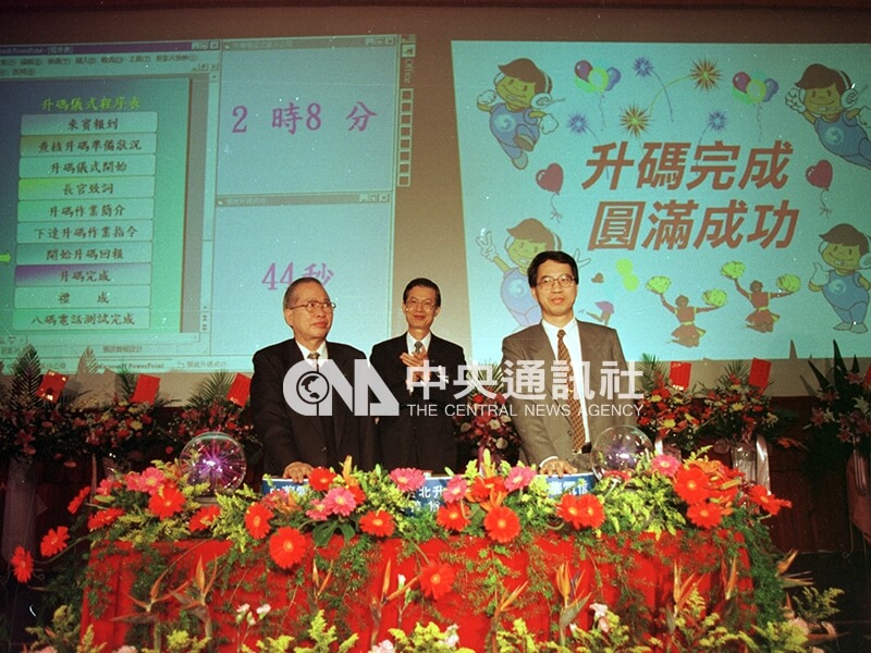 大台北區電話升碼啟用儀式,中華電信董事長陳堯(左)、總經理呂學錦(右)按鈕後,大台北區市內電話號碼正式由7碼升為8碼。中央社記者鄭傑文攝 87年1月1日