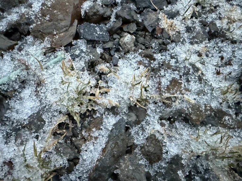 玉山氣象站2日清晨出現雨夾冰霰景觀,中央氣象署說明,霰是不透明白色冰粒,因為缺乏規則結晶,形狀不規則,質地鬆軟,掉落速度通常較雪更快。(氣象署提供)中央社記者張雄風傳真 114年1月2日