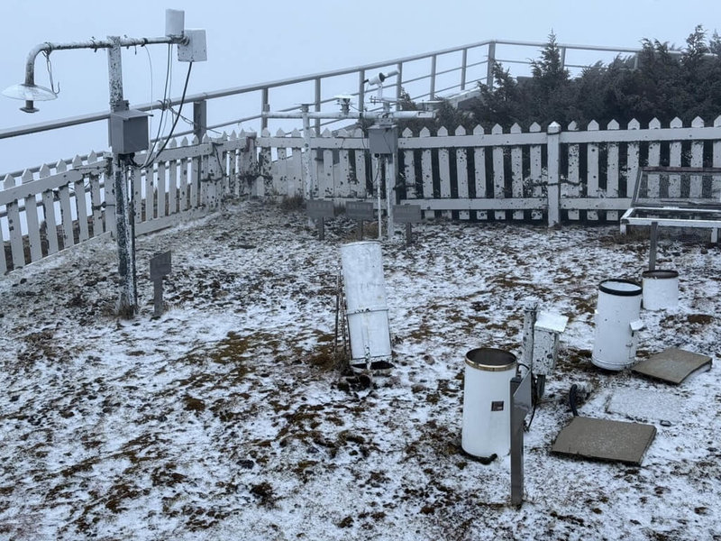 玉山氣象站2日清晨出現雨夾冰霰的景觀，現場草地一片雪白。（氣象署提供）中央社記者張雄風傳真  114年1月2日