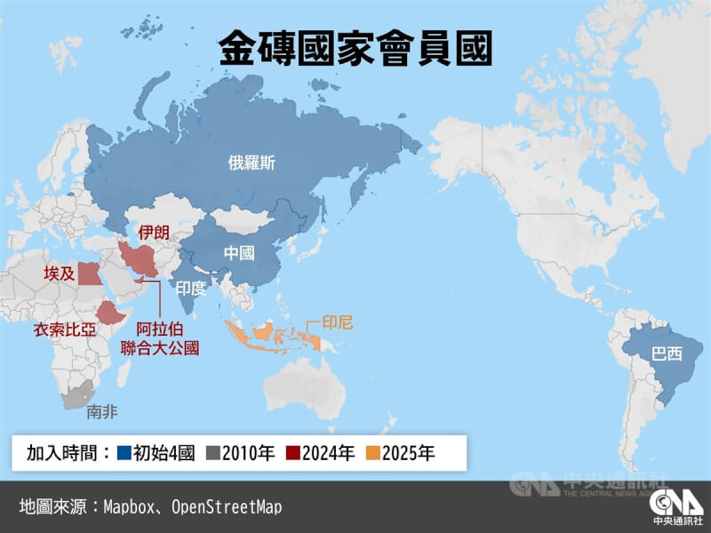 金磚國家目前有10個會員國及8個夥伴國。中央社製圖 114年1月7日