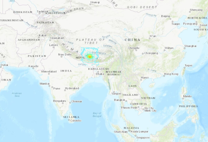根據美國地質調查所(USGS),喜馬拉雅地區7日發生規模7.1強震。(圖取自美國地質調查所網頁earthquake.usgs.gov)