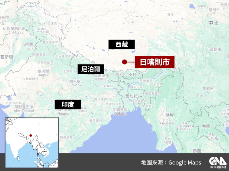 西藏日喀則市7日上午發生規模6.8地震。（中央社製圖）