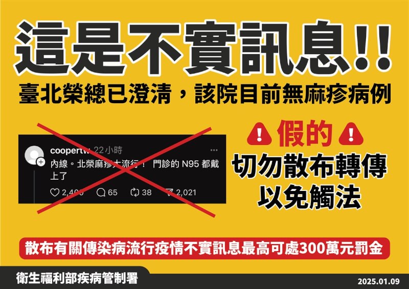 網路謠傳「北榮麻疹大流行！門診的N95都戴上了」。台北榮總9日澄清，院內目前沒有任何麻疹病例；疾管署也出面表示，此為不實訊息。（疾管署提供）中央社記者曾以寧傳真 114年1月9日