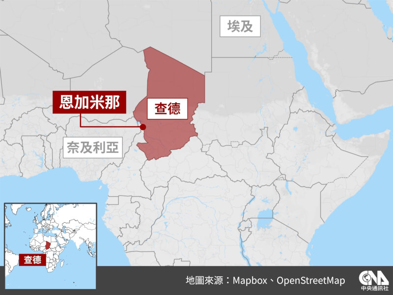 位於查德首都恩加米那的總統府8日發生槍擊事件（中央社製圖）