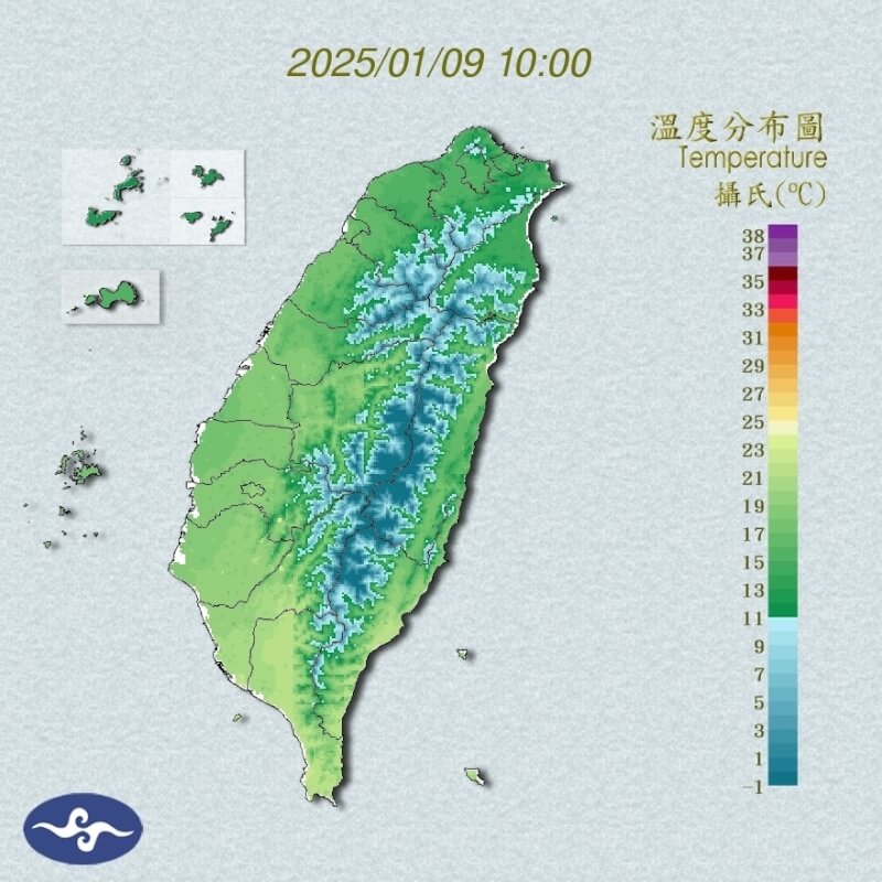 全台9日上午10時溫度分布圖。(圖取自氣象署網頁cwa.gov.tw)