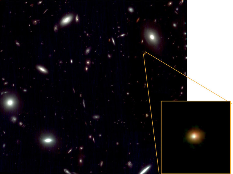 台灣大學天文所助理教授吳柏鋒使用韋伯太空望遠鏡，揭開宇宙早期「寂靜星系」形成之謎。圖為此次研究的一個120億年前天體，正在排空氣體。（台大提供）中央社記者陳至中台北傳真  114年1月10日