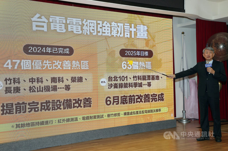 經濟部長郭智輝(圖)10日表示,截至2024年底,台電累虧逾新台幣4200億元,無法單靠台電彌平,亟待2000億元補助穩定財務。台電、中油肩負民生物價任務,盼外界給予更多支持,以穩健營運。圖為郭智輝在年終記者會簡報說明台電電網強韌計畫。中央社記者郭日曉攝 114年1月10日