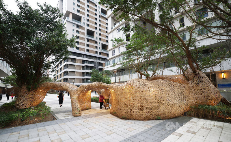 「We Are Home:廣慈社宅公共藝術成果展」盛大開展,藝術家游文富使用竹篾等自然材質打造戶外竹編空間作品「溫暖的載體」,隨著天光變化,輕盈光影與竹編的韌性相映成趣,營造出虛實交錯相間。中央社記者張新偉攝 114年1月10日